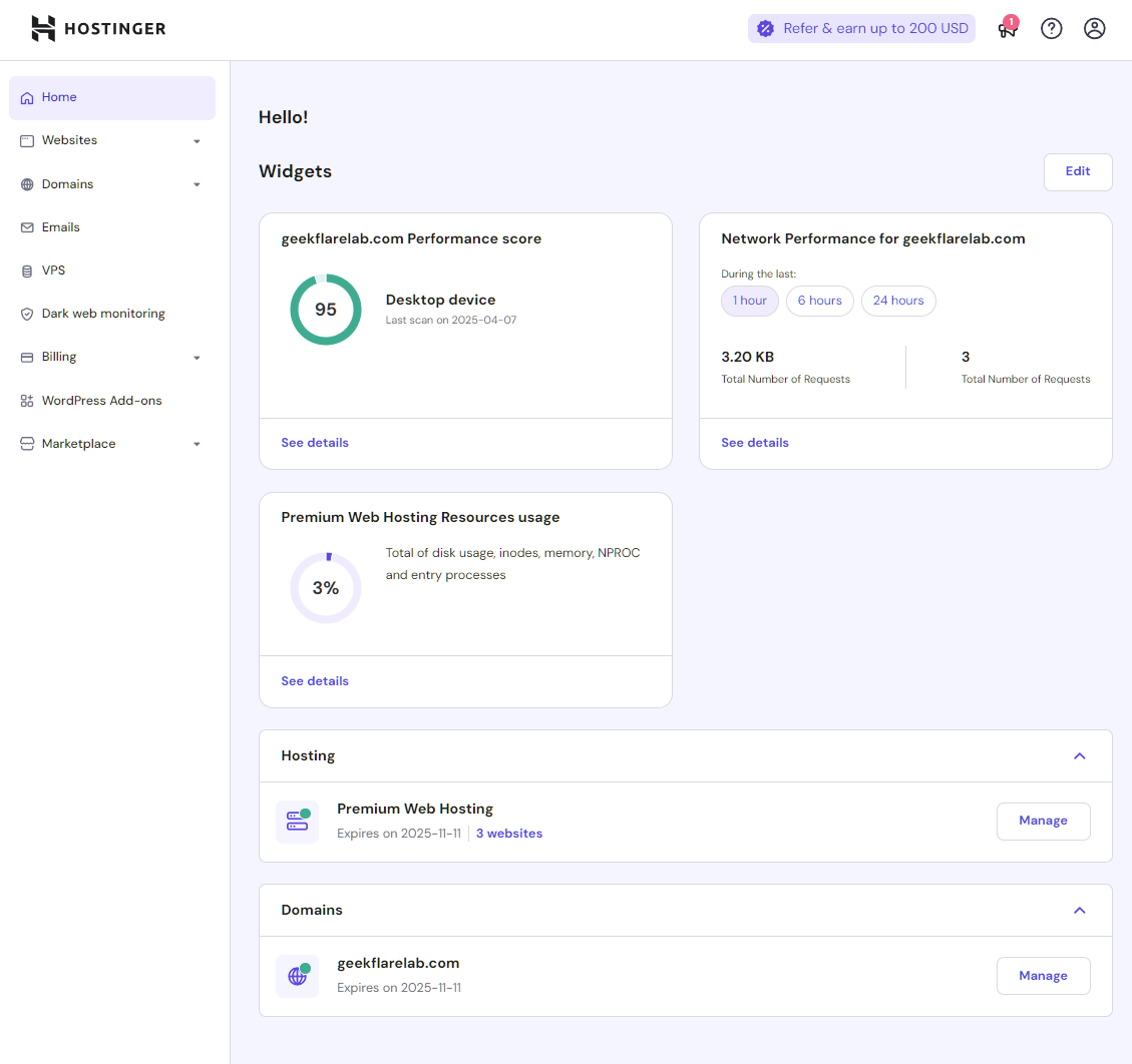 Hostinger dashboard home page
