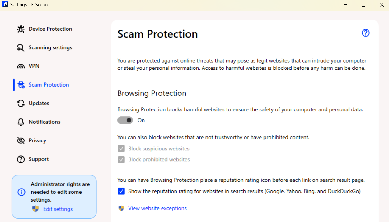 F-Secure Scam Protection settings tab