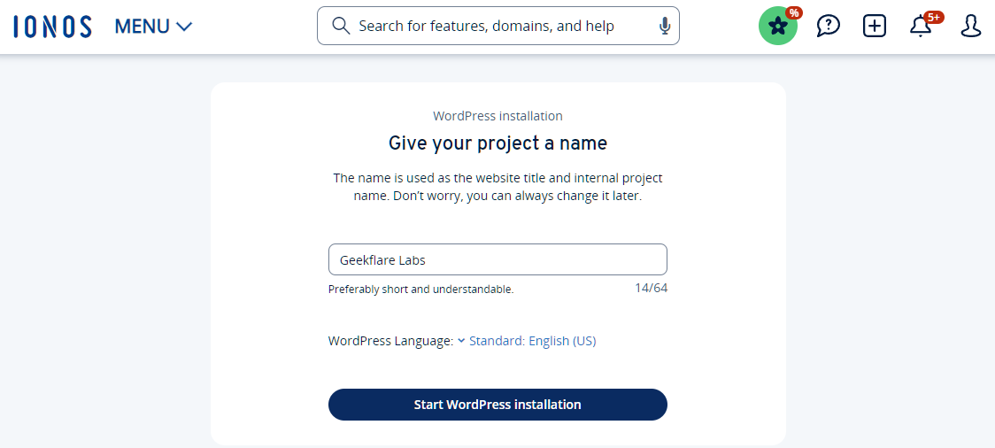 IONOS start WordPress installation