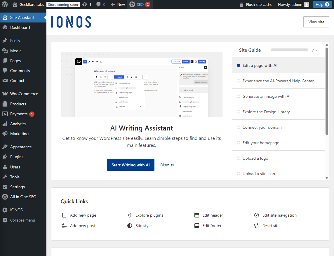 IONOS website site dashboard