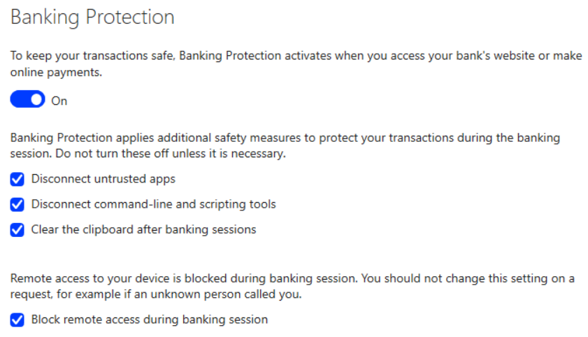F-Secure Banking Protection settings