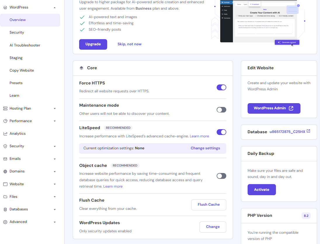 Hostinger WordPress management from control panel
