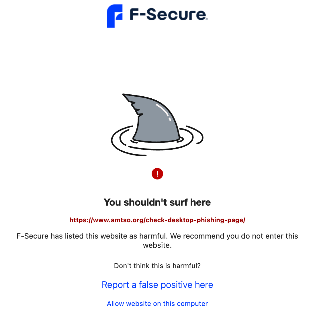 F-Secure Browsing Protection warning before accessing a harmful site