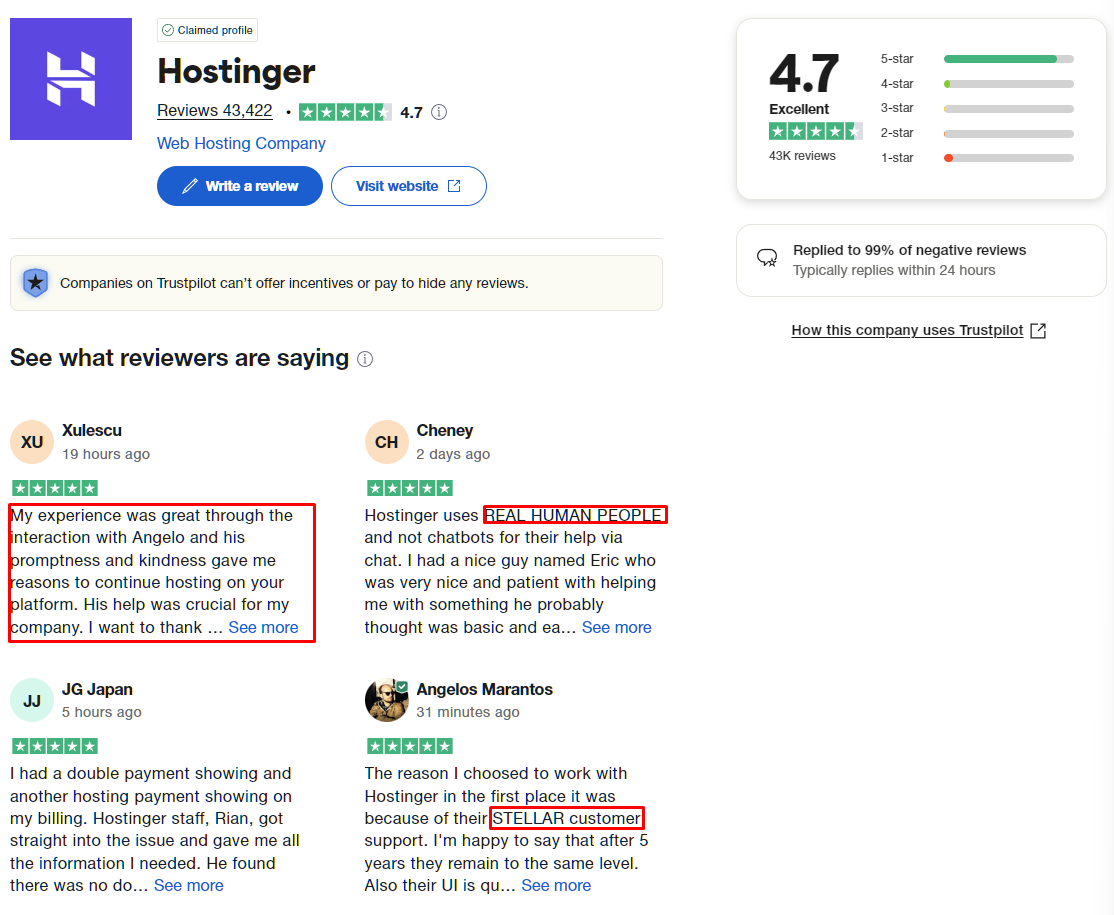 hostinger excellent customer support review trustpilot