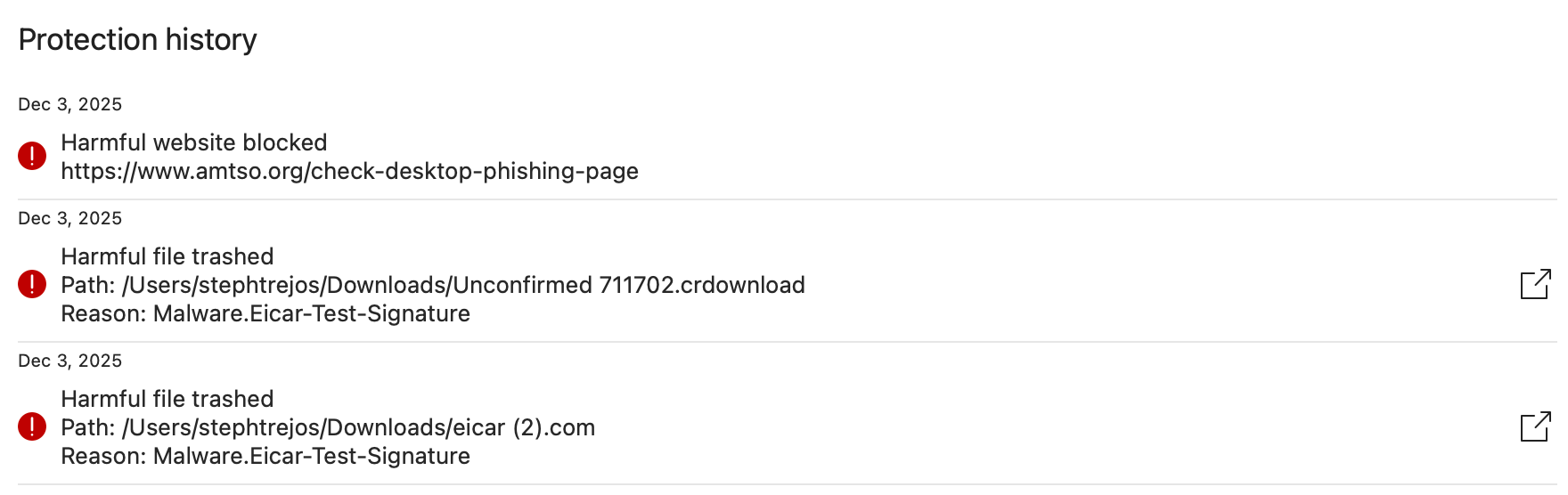 F-Secure list of recent activity showing EICAR files have been blocked