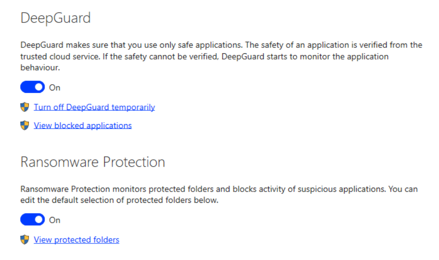 F-Secure DeepGuard and Ransomware Protection settings