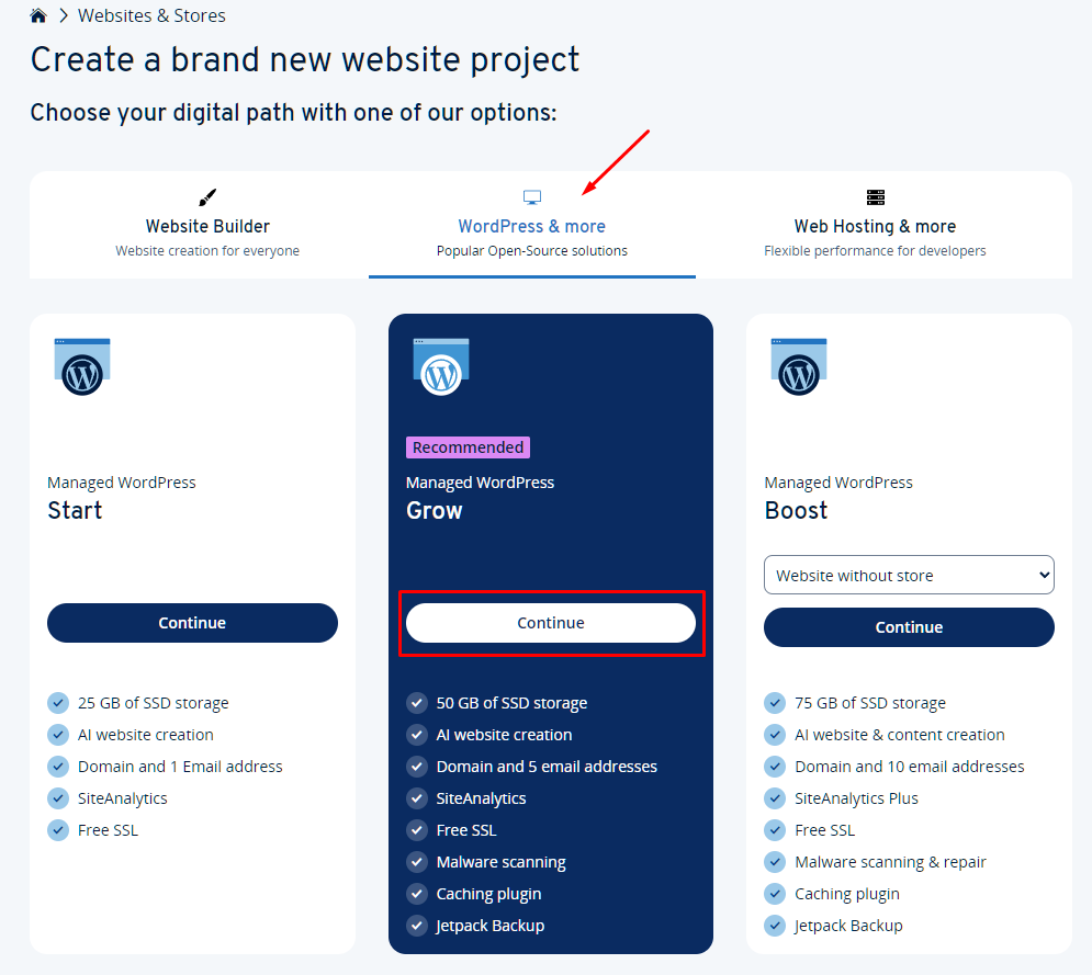 IONOS WordPress site creation