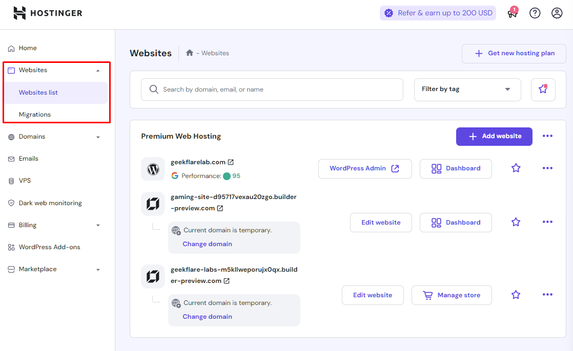 Hostinger websites custom panel